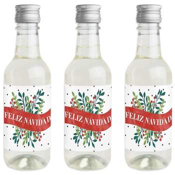 Big Dot of Happiness Feliz Navidad - Mini Wine and Champagne Bottle Label Stickers - Spanish Christmas Party Favor Gift for Women and Men - Set of 16