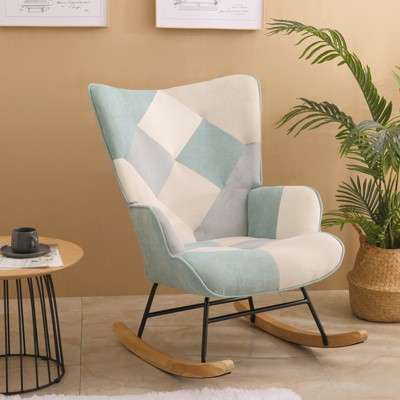 LOVMOR Rocking Chair Nursery w/Wood Legs and Patchwork Linen,Mid Century Fabric Rocker Chair for Living Room Bedroom