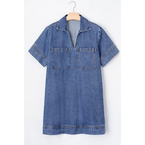 Blue Short Sleeve Collared Patched Pocket Denim Mini Dress - 1 of 1