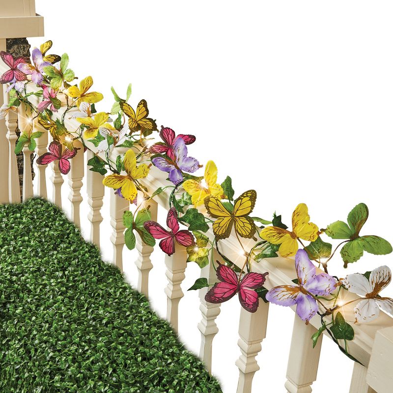 Collections Etc Solar LED Lighted Butterflies & Greenery Garland 116" x 3" x 6.5", 1 of 6