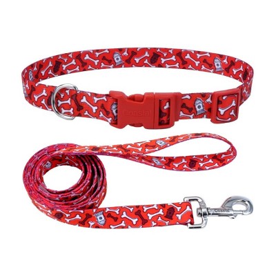 Coastal Pet Styles Dog Leash Set - Patterned Dog Leash (3/8" x 6') & Patterned Dog Collar (3/4" x 8"–12") - Red Bones