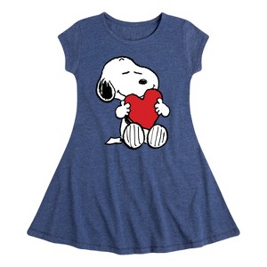 Girls' - Peanuts - Valentine's Hugging Heart Fit & Flair Cap Sleeve Dress - 1 of 3