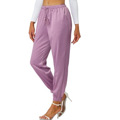 INSPIRE CHIC Women's Drawstring Elastic Waist Ankle Length Satin Joggers Pants with Pocket