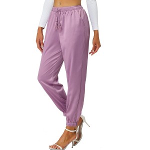 INSPIRE CHIC Women's Drawstring Elastic Waist Ankle Length Satin Joggers Pants with Pocket - 1 of 4