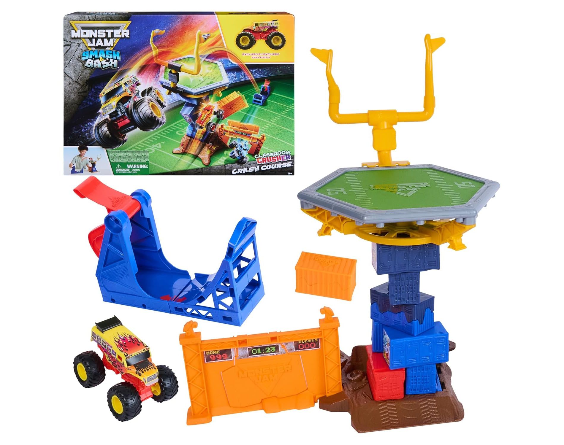 Monster Jam Smash & Bash Classroom Crusher Crash Course Playset with 16-Inch Tower, Exclusive 1:64 Monster Truck, Dual Launcher, Collapsible Obstacles
