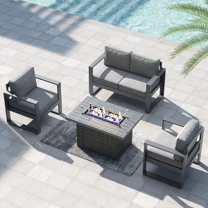 LayinSun 4 Pieces Aluminum Outdoor Patio Furniture Set, Metal Modern Conversation Sofa Set with Fire Pit Table and Washable Thick Cushions - 1 of 4