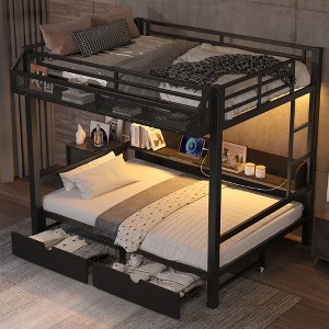 TIRAMISUBEST Queen over Queen / Full over Full Bunk Bed with Shelves and Drawers, Metal Bunk Bed with USB Ports and Lights - 1 of 4