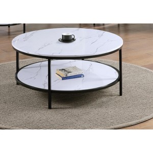 1pc Modern Round Faux Marble Coffee Table with Storage Shelf Black Finish Living Room Wooden Furniture - 1 of 1