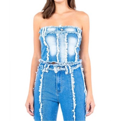 Women's Frayed Edge Denim Corset Top - American Bazi