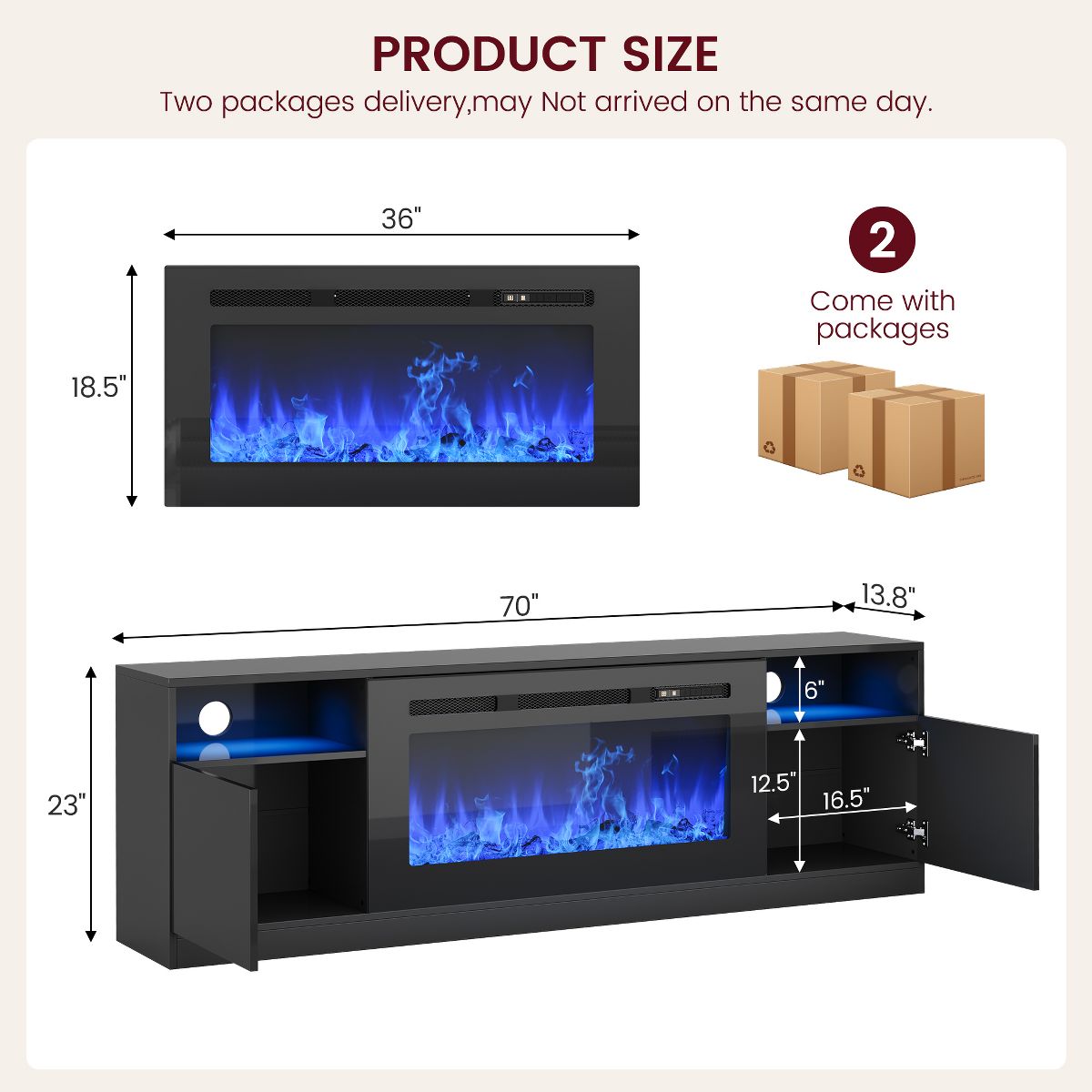 Modern 70" Electric Fireplace TV Stand, 36" Heater, 12 LED Flames, 2‑Tier Entertainment Center, Fits 80" TV, Black Glossy Media Console with Storage - thumbnail 2