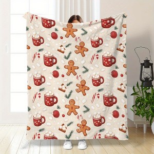 1pc Cozy Christmas Flannel Fleece Throw Blanket, Cartoon Gingerbread Man & Red Coffee Cup Print, All-Season Polyester Blanket. - 1 of 4