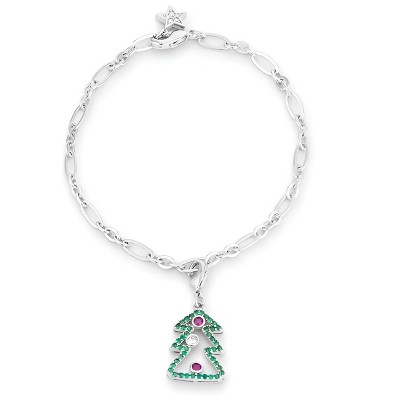 Slickblue Christmas Tree Charm Bracelet for Women, 0.35ct CZ, Rhodium Plated, Multicolor Stones, Lobster Clasp