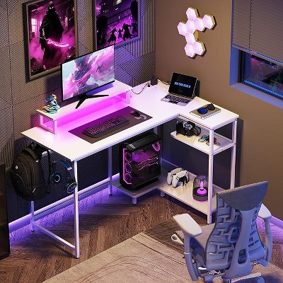 GALAXHERO 47 Inch Small L Shaped Gaming Desk, Corner Computer Desk with Power Outlets, LED Lights & Monitor Stand, Office Desk for Bedroom