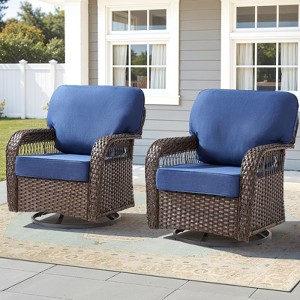 Buenhomino Outdoor Patio Wicker Swivel Rocking Chairs Set of 2, Navy Cushions - 1 of 4