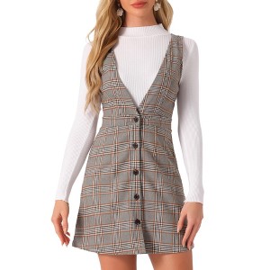 Allegra K Women's V Neck Gingham Check Pinafore Overalls Suspenders Plaid Print Dress - 1 of 4