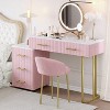 VYNXARIA Velvet Upholstered Vanity Set with Chair - Makeup Table with 5 Large Drawers & Adjustable Storage, Marble-Look Top, Pink - 2 of 4