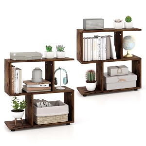 Costway 2 PCS 2-Tier Bookshelf Free Standing Wooden Display S-Shaped Shelf Storage Rack Black/Brown - 1 of 4