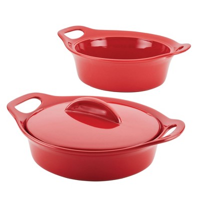 Rachael Ray Solid Glaze Ceramic 3pc Set: 1.5qt & 2qt Round Casseroles with Shared Lid Red