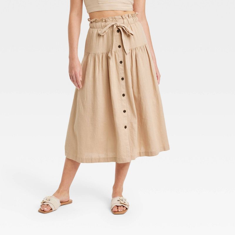  Women's Tie Waist Button-Front Midi Skirt - Universal Thread™, 1 of 11