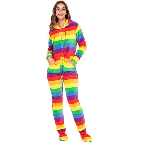 ADR Women s Hooded Footed Pajamas Plush Adult Onesie Winter PJs with Hood Rainbow Large