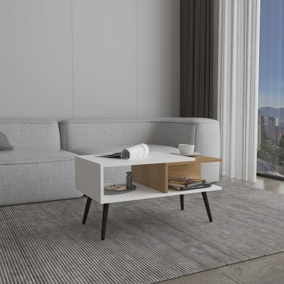 Vynxaria 29" Wide Coffee Table with Three Shelves - Modern White & Natural Oak Design