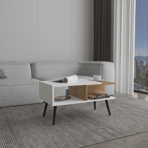 Vynxaria 29" Wide Coffee Table with Three Shelves - Modern White & Natural Oak Design - 1 of 4