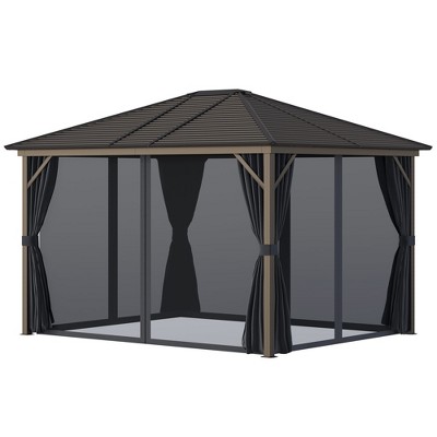 Outsunny 10' x12' Hardtop Gazebo with Aluminum Frame, Permanent Metal Roof Gazebo Canopy with 2 Hooks, Curtains and Netting for Garden