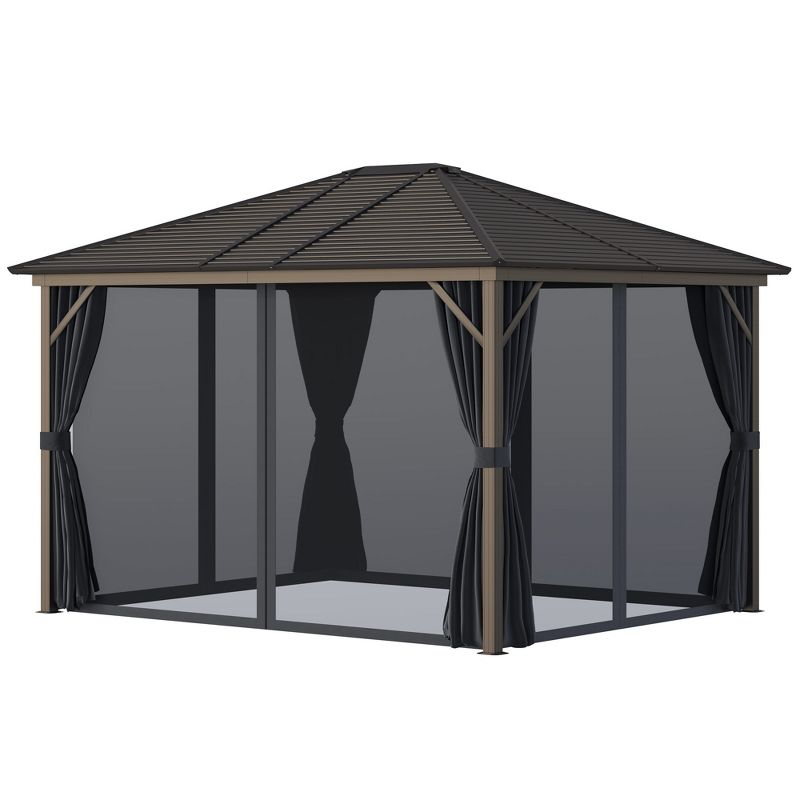 Outsunny 10' x12' Hardtop Gazebo with Aluminum Frame, Permanent Metal Roof Gazebo Canopy with 2 Hooks, Curtains and Netting for Garden, 1 of 8