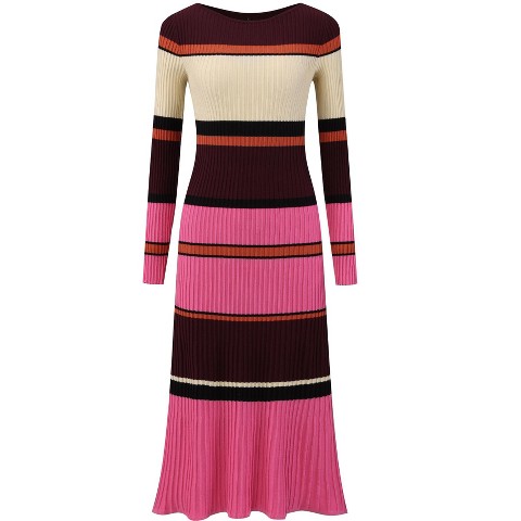 Женские платья INSPIRE CHIC Women's Striped Long Sleeve Casual Work Ribbed Knit Bodycon Sweater Dress Fushcia X-Large