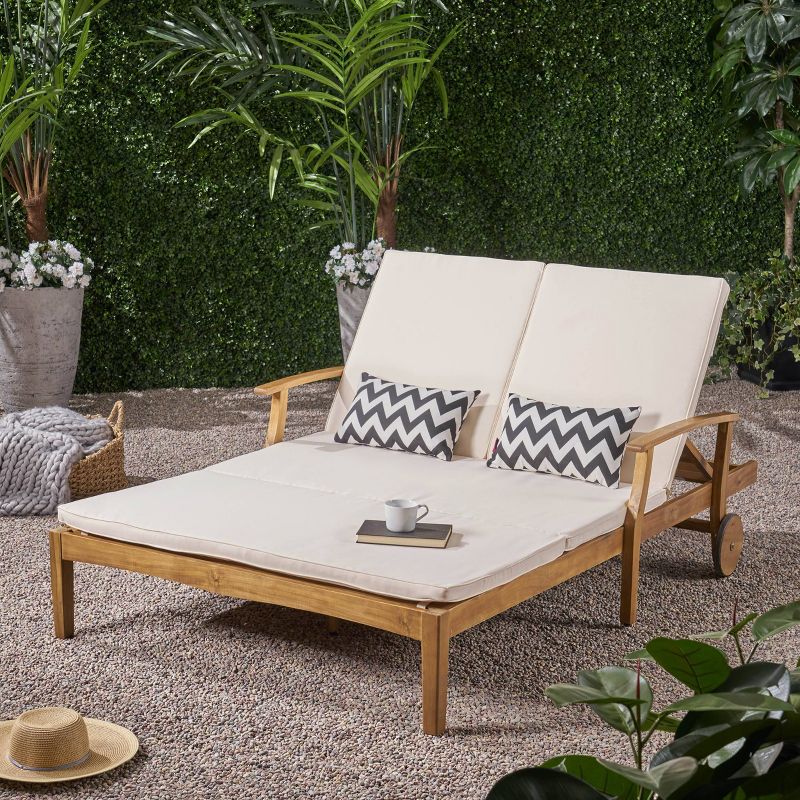 Perla Acacia Wood Double Chaise Lounge Teak/Cream - Christopher Knight Home, 1 of 8