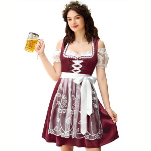 Women's Vintage 3 Piece Dress Costume Satin Floral Dress White Off Shoulder Crop Top Sheer Embroidered Apron - 1 of 4