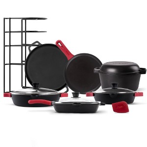 Cuisinel Cast Iron 18-Piece Preseasoned Cookware Set: 10"+12" Skillets w/Lids + 5-Qt Dutch Oven + 10.5" Grill Pan w/Lid + Pizza Pan. - 1 of 4