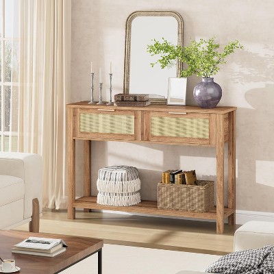 Entryway Table with Drawers, Rattan Console Table with Storage, Boho Sofa Table for Living Room, 2 Tier Hallway Table Home