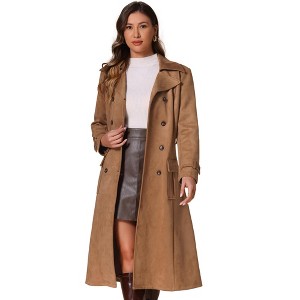 Allegra K Women's Faux Suede Notched Lapel Double Breasted Belted Long Sleeve Trench Coat - 1 of 4