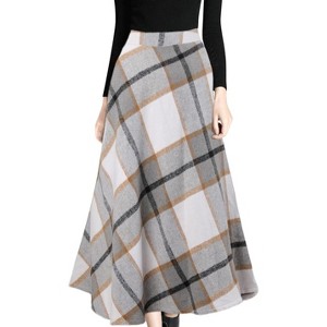 Women's Wool Plaid A-Line Skirt - Winter Warm Elastic Waist Pleated Long Skirt Light Grey - 1 of 4