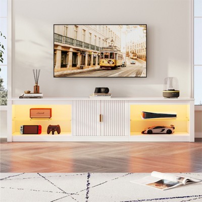 Bestier 80 inch TV Stand for TVs up to 85", High Gloss Entertainment Center with LED Lights & Storage Cabinet, Modern Fluted TV Console