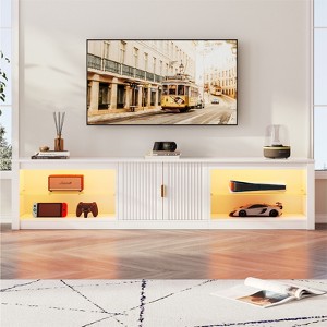 Bestier 80 inch TV Stand for TVs up to 85", High Gloss Entertainment Center with LED Lights & Storage Cabinet, Modern Fluted TV Console - 1 of 4