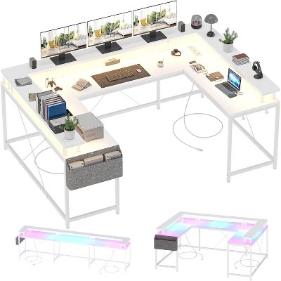 U Shaped Home Office Desk, Reversible L Shaped Gaming Computer Desk with Power Outlets,126 Inch Computer Desk with Monitor Stand （White）