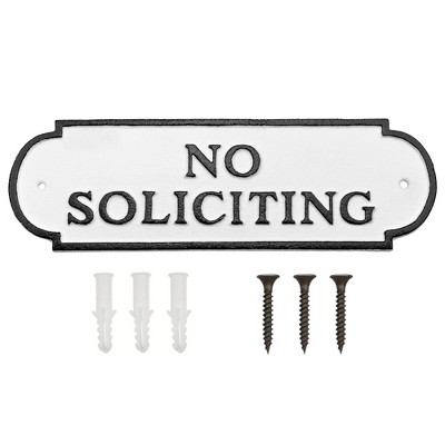 AuldHome Design Cast Iron Black and White No Soliciting Sign; Rustic Farmhouse Metal Plaque w/ Hardware
