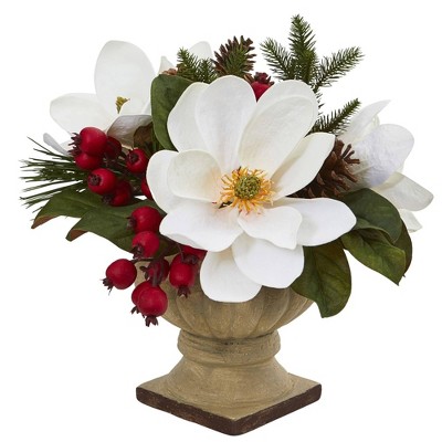 Nearly Natural 15-in Magnolia, Pine and Berries Artificial Arrangement
