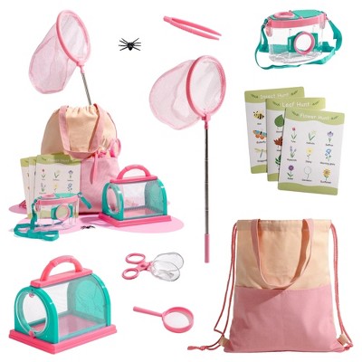 ROBOTIME Nature Exploration Toys, Kids Explorer Kit with Butterfly Net and Bugs Book, Educational Camping Gear for Kids, Pink, 11.42"*6.69"*9.25"