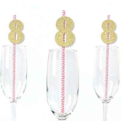 Big Dot of Happiness Gold Glitter 8 Party Straws - No-Mess Real Gold Glitter Cut-Out Numbers & Decorative 8th Birthday Party Paper Straws - Set of 24