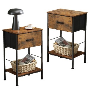 Nightstand Set of 2 with Fabric Storage Drawer and Open Wood Shelf, End Table with Steel Frame - 1 of 4