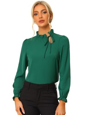 INSPIRE CHIC Women's Elegant Long Sleeve Ruffle Tie Neck Business Work Top