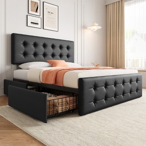 Faux Leather Upholstered Bed Frame with 4 Storage Drawers, Headboard, Wooden Slats Support, Button Tufted Design, No Box Spring Needed - 1 of 2