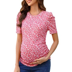 Maternity Tops Women's Casual Floral Printed Puff Short Sleeve Ruched Side Tunic Blouses Shirts Pregnancy Clothes - 1 of 4