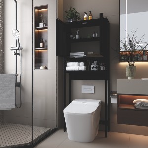 Over The Toilet Storage Cabinet Bamboo Bathroom Space Saver Organizer with 2 Doors and Storage Rack Above Toilet Storage Cabinet Freestanding - 1 of 4