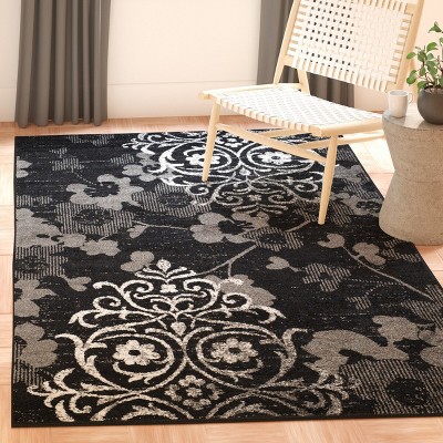 Black and Gray Floral Damask Rectangular Area Rug