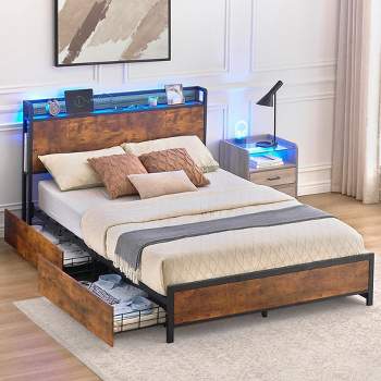 Full Queen Bed Frame with Storage Drawers and Charging Station, LED Light Bed with Storage Headboard, Platform Bed with Strong Wood Slats Support