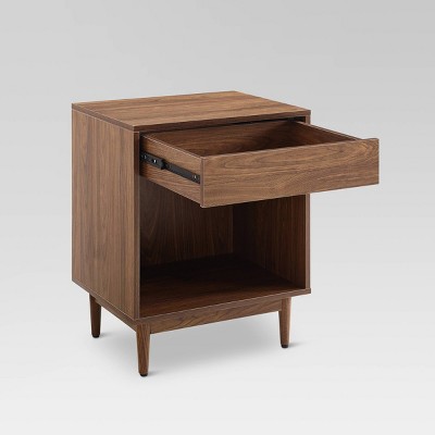 Liam Mid-Century Walnut Wood Side Table with Record Storage